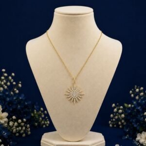 Front view of sunburst lab grown diamond pendant with radiant sparkle