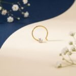 Trinity sparkle diamond nose ring shown in front view, side view, top view, and angled perspective highlighting triple-stone design