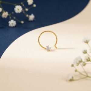 Trinity sparkle diamond nose ring shown in front view, side view, top view, and angled perspective highlighting triple-stone design