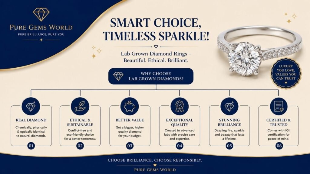Luxury lab grown diamond ring with round brilliant center stone and pavé band on royal blue and cream background