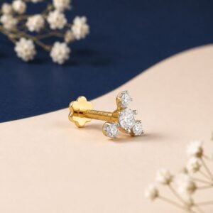 Elara Triple Lab Grown Diamond Nose Pin displayed from front, side, top, and angled perspective with elegant three-stone diamond design