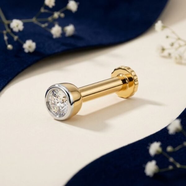 Solitaire Glow Diamond Nose Pin round bezel diamond stud with gold finish side view