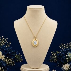 Front view of oval solitaire frame lab grown diamond pendant with elegant sparkle