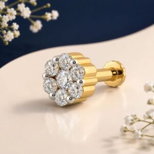 Dazzle Flower Lab Grown Diamond Nose Pin displayed from front, side, top, and angled perspective views