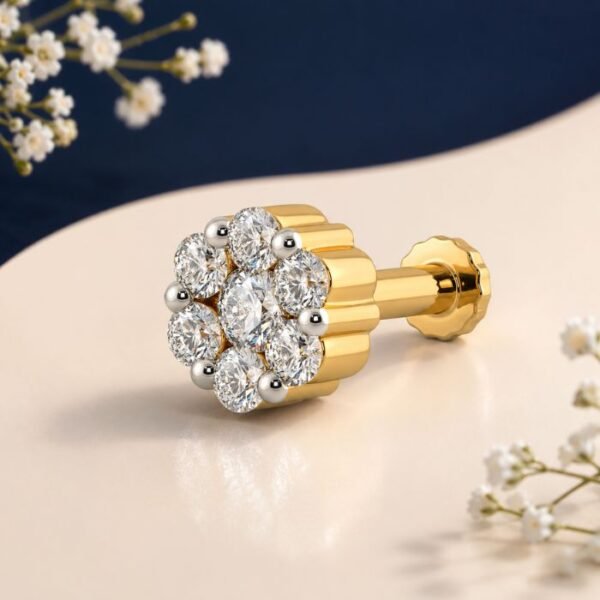 Dazzle Flower Lab Grown Diamond Nose Pin displayed from front, side, top, and angled perspective views