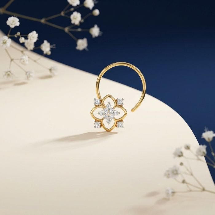 Clover diamond nose ring Clover diamond nose ring shown in front view, side view, top view, and angled perspective highlighting sparkling clover design
