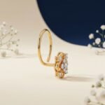Clover diamond nose ring shown in front view, side view, top view, and angled perspective highlighting sparkling clover design