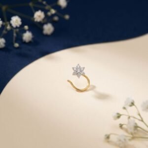 Eternal bloom diamond nose ring shown in front view, side view, top view, and angled perspective with floral diamond design