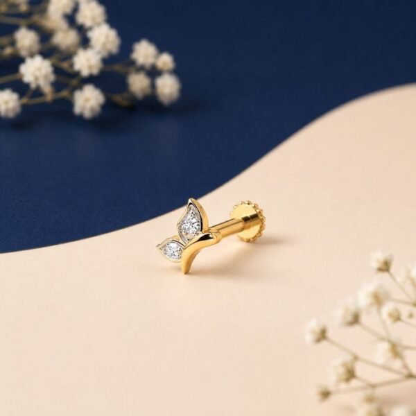 Moonwing Lab Grown Diamond Nose Pin displayed from front, side, top, and angled perspective with celestial-inspired diamond design