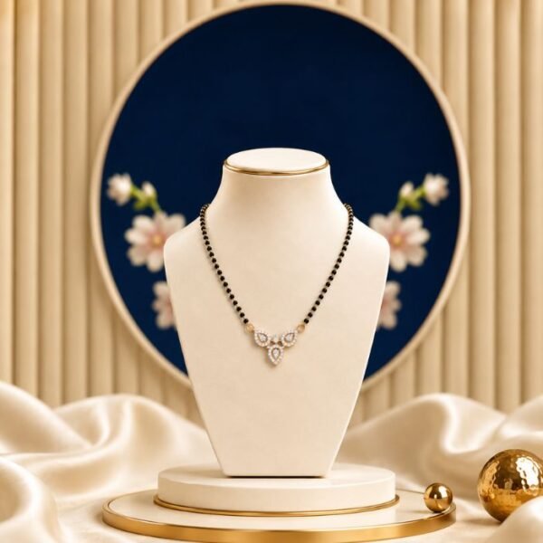 Three Petal Spark Lab Grown Diamond Mangalsutra displayed in front view, side view, top view, and angled perspective with floral diamond detailing