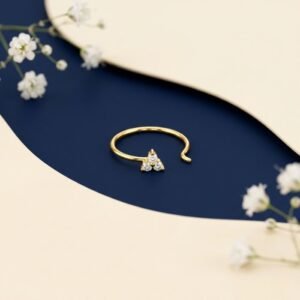 TriGlow diamond nose ring triple stone nose pin front side top angled views