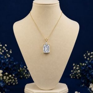 Front view of classic emerald cut lab grown diamond pendant with elegant sparkle