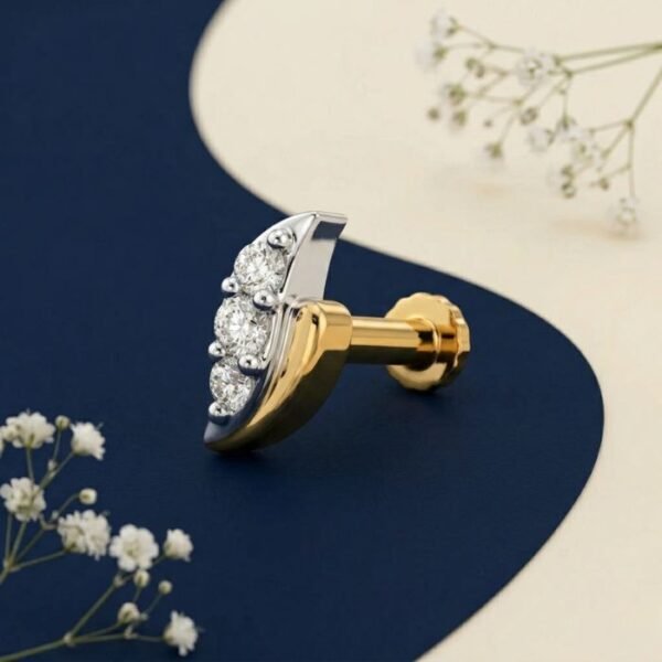 “Arc Trio Lab Grown Diamond Nose Pin with elegant triple diamond arc-inspired design displayed from multiple angles.”