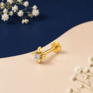 Golden Leaf Lab Grown Diamond Nose Pin displayed from front, side, top, and angled perspective with elegant leaf-inspired diamond design