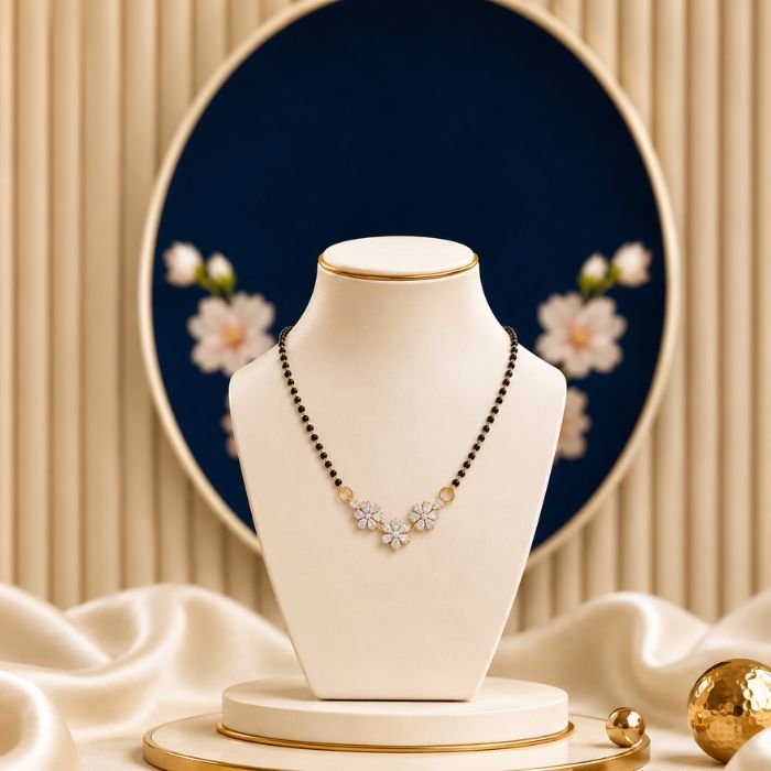 Floral Charm Lab Grown Diamond Mangalsutra Elegant Floral Jewellery Floral Charm Lab Grown Diamond Mangalsutra displayed in front view, side view, top view, and angled perspective with floral diamond detailing