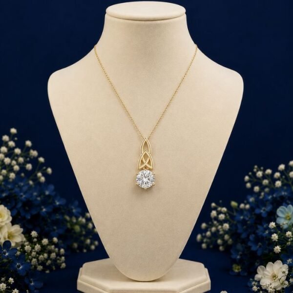 Front view of Celtic knot lab grown diamond pendant with elegant symbolic design