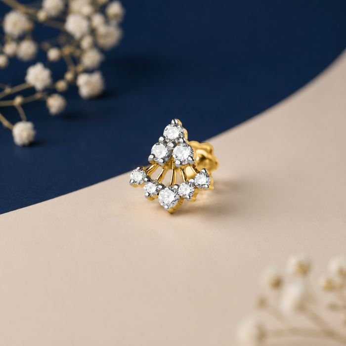 Shimmer Crown Lab Grown Diamond Nose Pin Front Side Top Angled View Shimmer crown lab grown diamond nose pin with elegant royal design and sparkling diamond stud