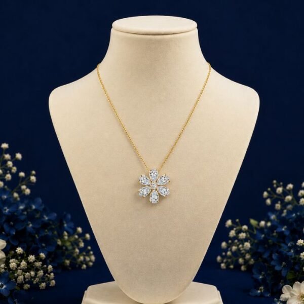 Front view of floral marquise lab grown diamond pendant with elegant sparkle