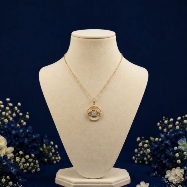 “Celestia Evil Eye Lab Grown Diamond Pendant with sparkling protective evil eye design displayed from multiple angles.”