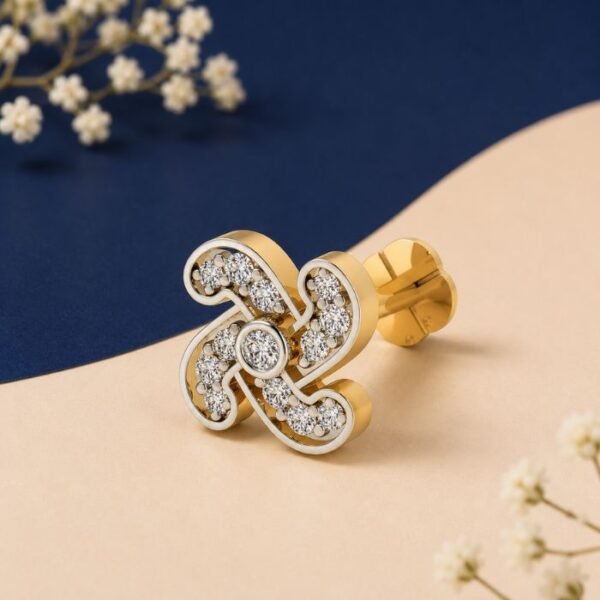 Four Curl Lab Grown Diamond Nose Pin displayed from front, side, top, and angled perspective with artistic swirl diamond design