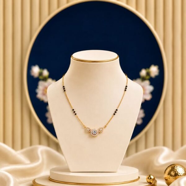 Sleek Aura Lab Grown Diamond Mangalsutra displayed in front view, side view, top view, and angled perspective with sparkling diamond detailing