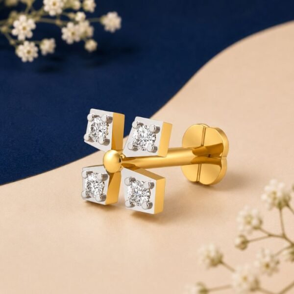 Four Petal Lab Grown Diamond Nose Pin displayed from front, side, top, and angled perspective with floral diamond design