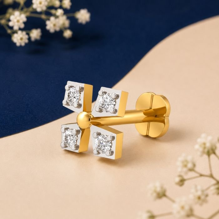 Four Petal Lab Grown Diamond Nose Pin for Women Four Petal Lab Grown Diamond Nose Pin displayed from front, side, top, and angled perspective with floral diamond design