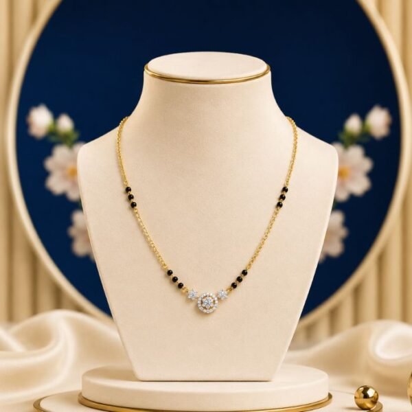 Luna Halo Lab Grown Diamond Mangalsutra displayed in front view, side view, top view, and angled perspective with halo-inspired diamond detailing