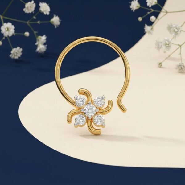 Front view of pinwheel diamond nose ring with sparkling design