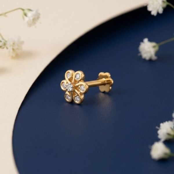 “Mini Daisy Lab Grown Diamond Nose Pin with elegant floral-inspired diamond design displayed from multiple angles.”