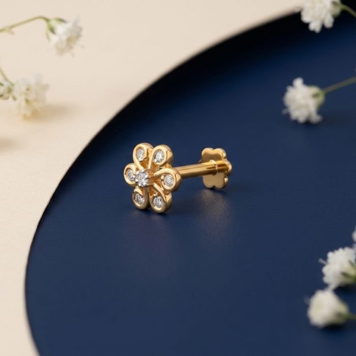 Mini Daisy Lab Grown Diamond Nose Pin for Women “Mini Daisy Lab Grown Diamond Nose Pin with elegant floral-inspired diamond design displayed from multiple angles.”