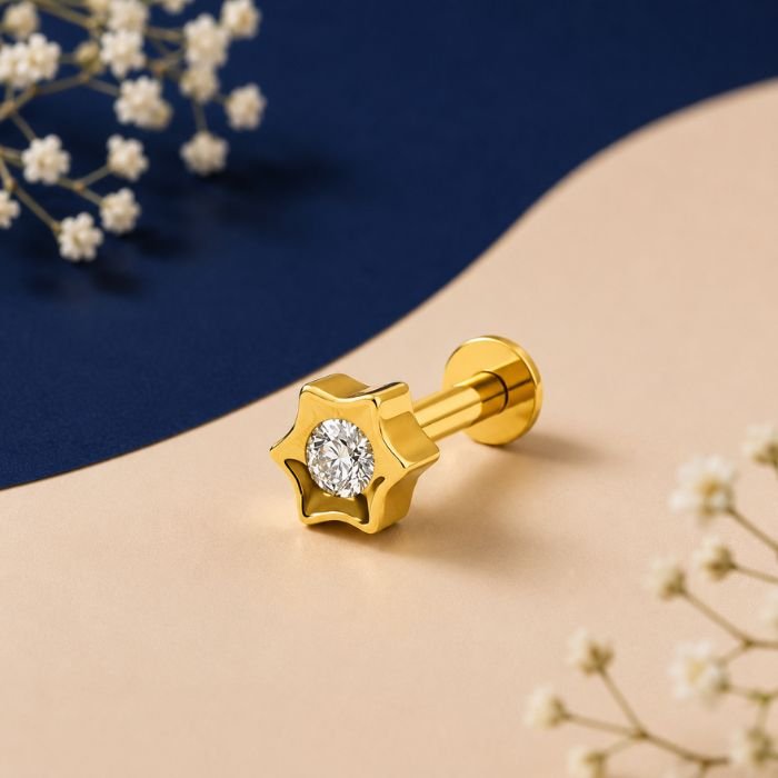 Star Frame Lab Grown Diamond Nose Pin for Women Star Frame Lab Grown Diamond Nose Pin displayed from front, side, top, and angled perspective with celestial diamond design