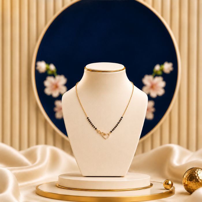 Noir Heart Luxe Lab Grown Diamond Mangalsutra Romantic Luxury Jewellery Noir Heart Luxe Lab Grown Diamond Mangalsutra displayed in front view, side view, top view, and angled perspective with heart-inspired diamond detailing