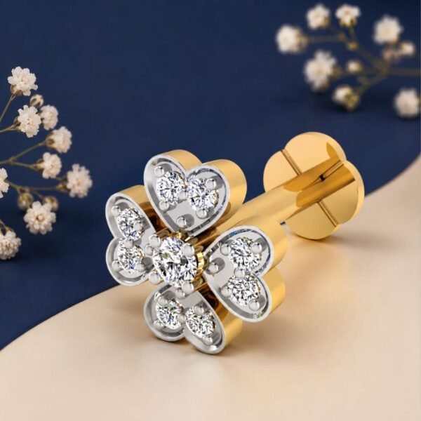 Heart Clover Lab Grown Diamond Nose Pin displayed from front, side, top, and angled perspective with floral heart-inspired diamond design