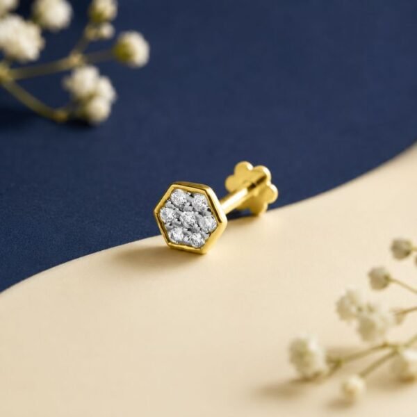 Hexa bloom lab grown diamond nose pin floral design elegant jewelry close up view