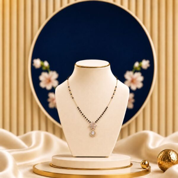 Daisy Teardrop Lab Grown Diamond Mangalsutra displayed in front view, side view, top view, and angled perspective with floral teardrop diamond detailing