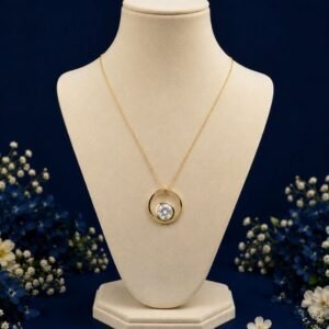 Front view of modern orbit CVD diamond pendant with elegant geometric design