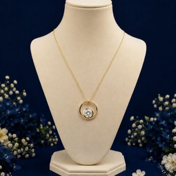 Front view of modern orbit CVD diamond pendant with elegant geometric design
