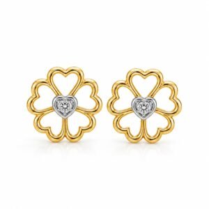Amara floral heart lab-grown diamond stud earrings in yellow and white gold on white background