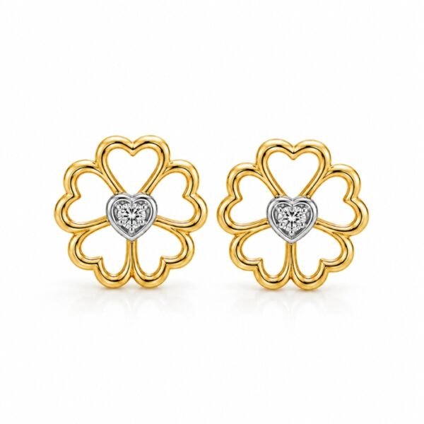 Amara floral heart lab-grown diamond stud earrings in yellow and white gold on white background