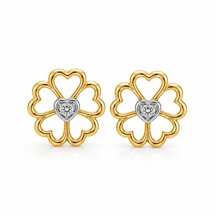 Amara floral heart lab-grown diamond stud earrings in yellow and white gold on white background
