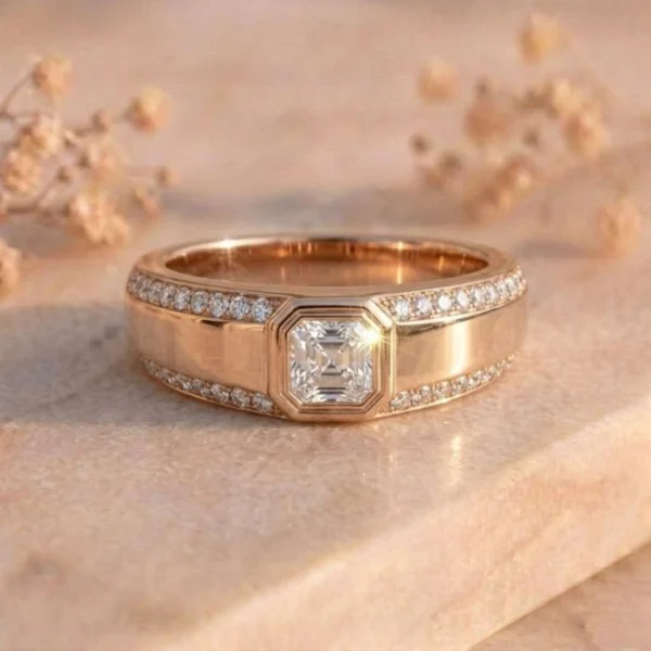 Asscher Cut Bezel Pavé Shoulder Rose Gold Ring featuring a bezel-set Asscher-cut lab-grown diamond with pavé diamond shoulders and a luxurious rose gold finish.