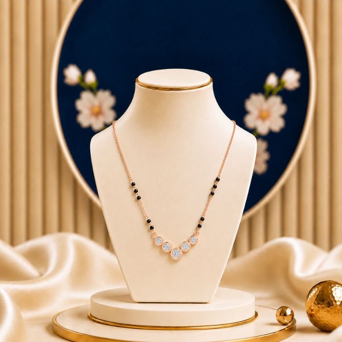 Bezel Sparkle Lab Grown Diamond Mangalsutra Bezel Sparkle Lab Grown Diamond Mangalsutra featuring elegant bezel-set sparkling lab-grown diamonds with refined black bead chain detailing.