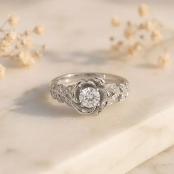 Blooming Rose Diamond Ring featuring a delicate rose-inspired design adorned with sparkling lab-grown diamonds and elegant detailing.