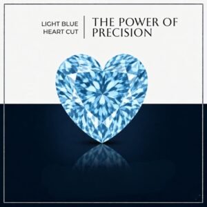 Premium macro view of a loose vibrant blue heart cut lab grown diamond resting on a neutral professional background, showcasing brilliant faceting.