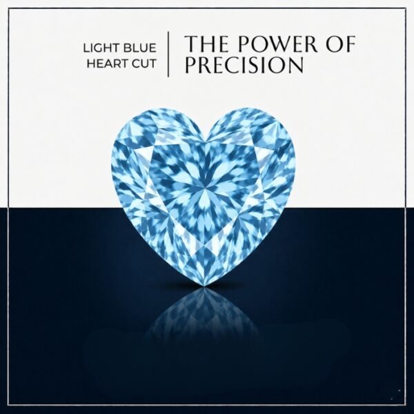 Premium macro view of a loose vibrant blue heart cut lab grown diamond resting on a neutral professional background, showcasing brilliant faceting.