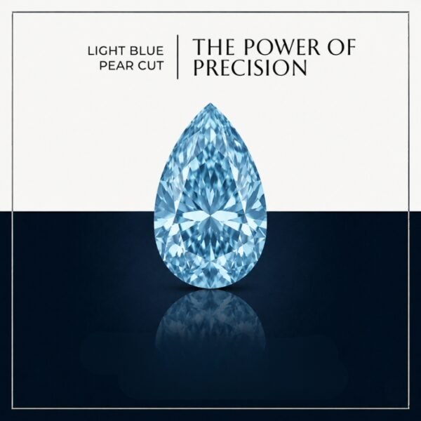 Premium macro view of a loose vibrant blue pear cut lab grown diamond resting on a neutral professional background, showcasing brilliant faceting.