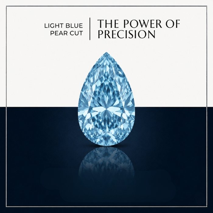 loose-blue-pear-cut-lab-grown-diamond Premium macro view of a loose vibrant blue pear cut lab grown diamond resting on a neutral professional background, showcasing brilliant faceting.