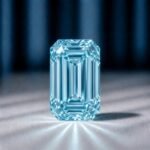 Premium macro view of a loose vibrant blue emerald cut lab grown diamond resting on a neutral professional background, showcasing clean step-cut facets.