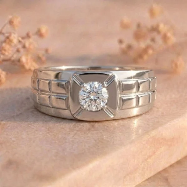 Brick Texture Solitaire White Gold Signet Ring featuring a bold brick-textured design with a sparkling solitaire lab-grown diamond in a polished white gold finish.